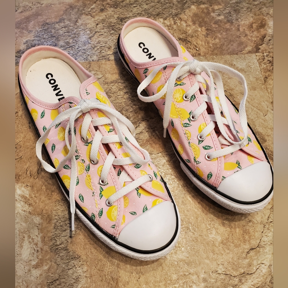 Converse Size 7.5 Slip-on Pink Sneakers With Yellow Lemons and Green Leaves New